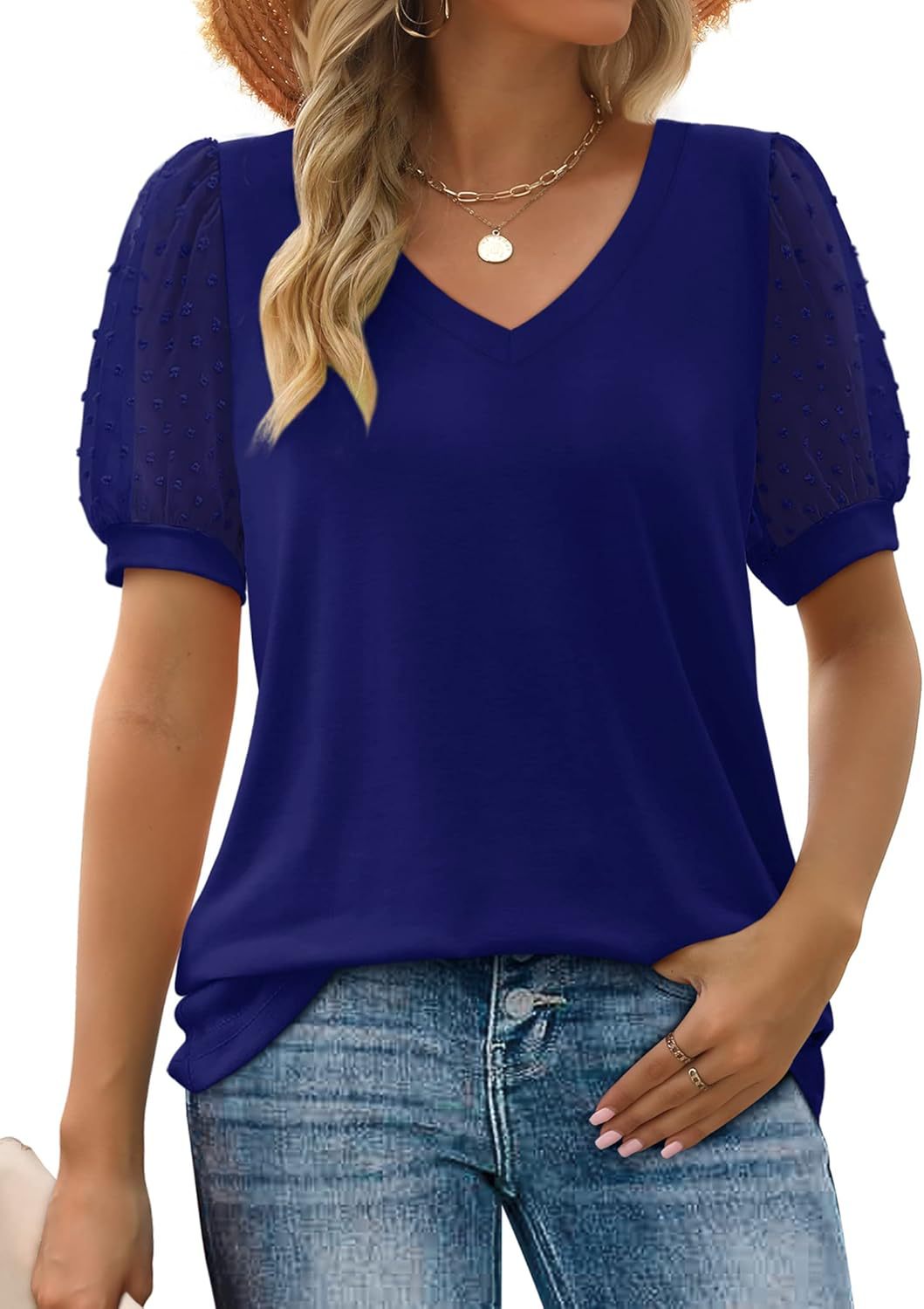 Women Elegant V-Neck Top with Transparent Puff Sleeves Ivyshape