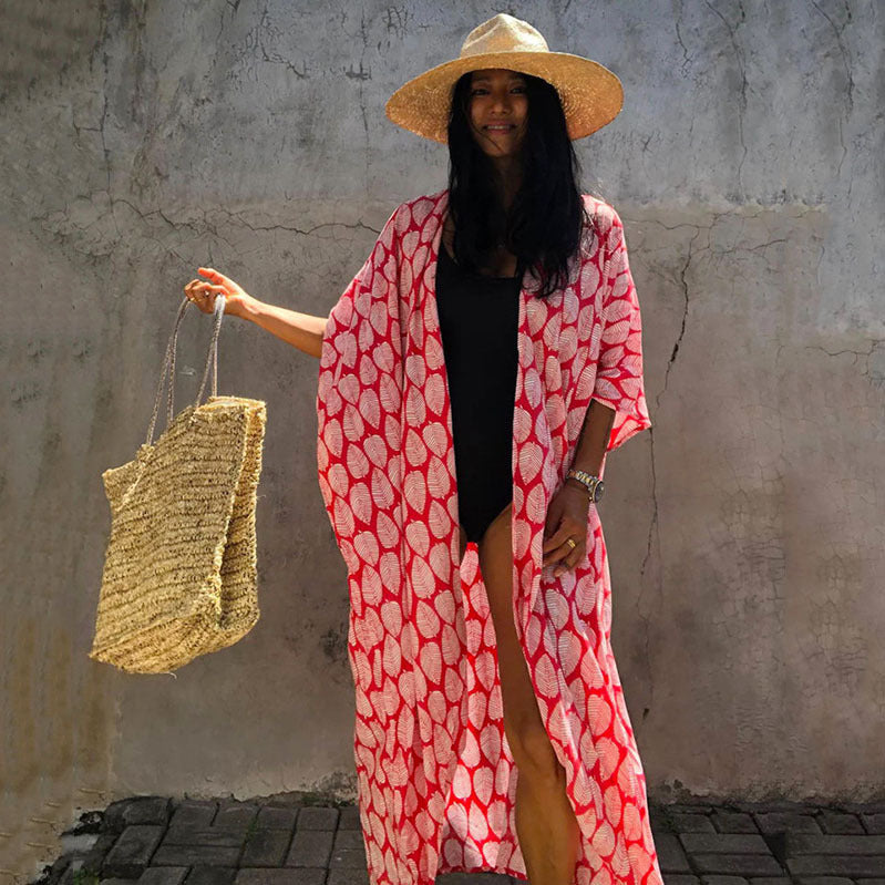 Women's Beach Kimono with Airy Cut and Festive Leaf Design Ivyshape