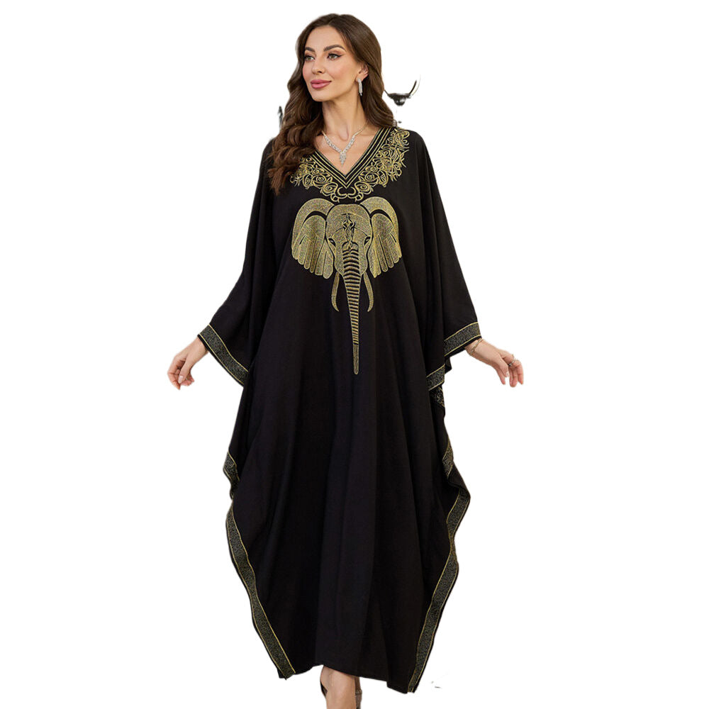 Women's Elegant Kaftan with Intricate Elephant Embroidery and Wide-Swinging Sleeves Ivyshape
