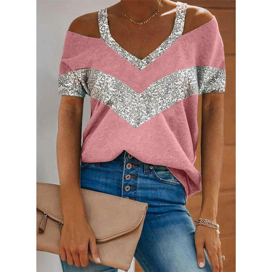 Women V-Neck Sequin Accent Casual Top Ivyshape