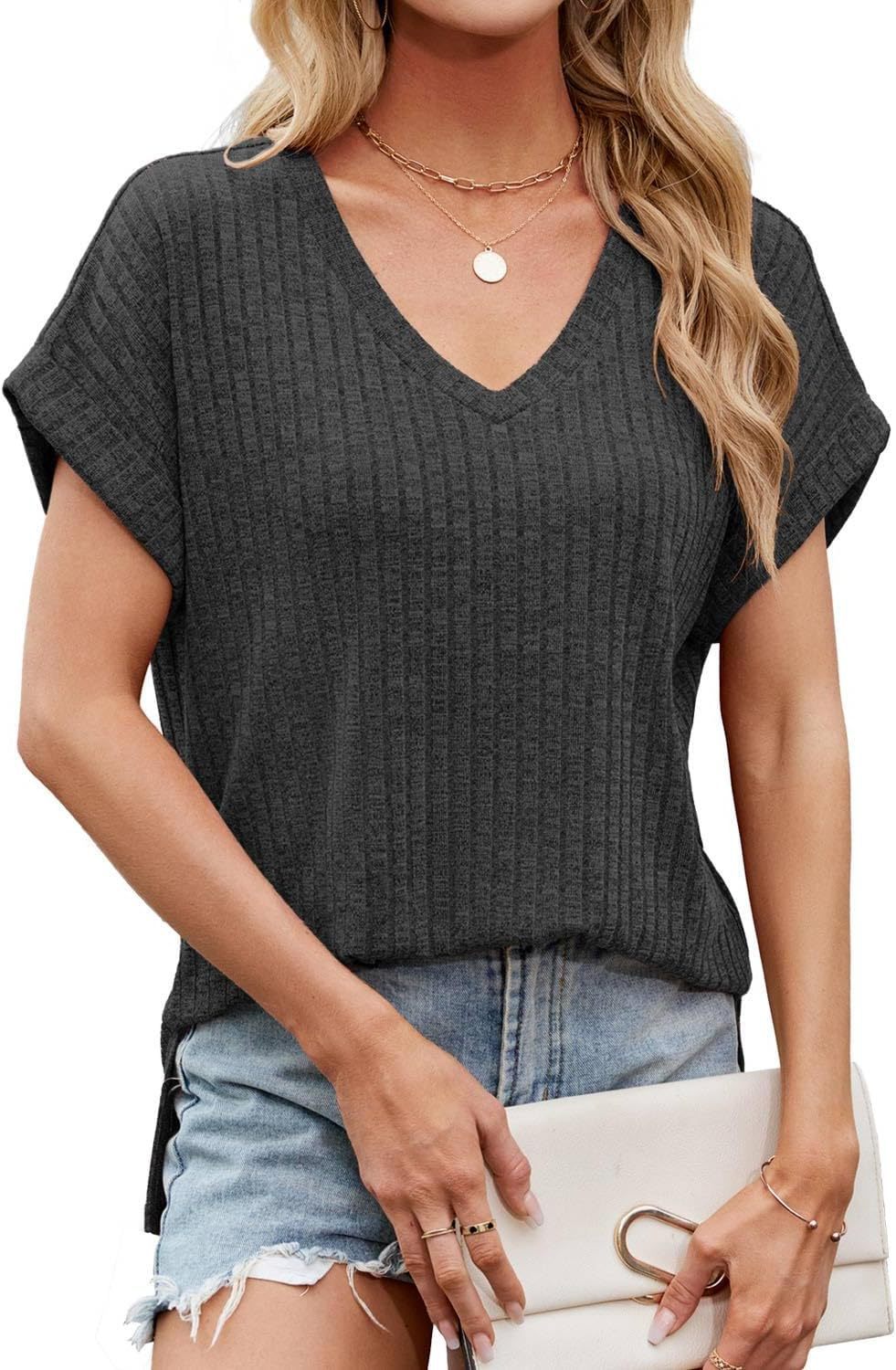 Women's Casual V-Neck T-Shirt with Textured Fabric Ivyshape
