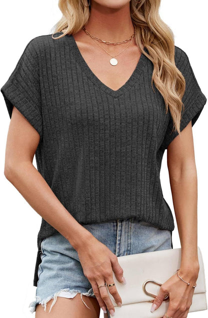 Women's Casual V-Neck T-Shirt with Textured Fabric Ivyshape