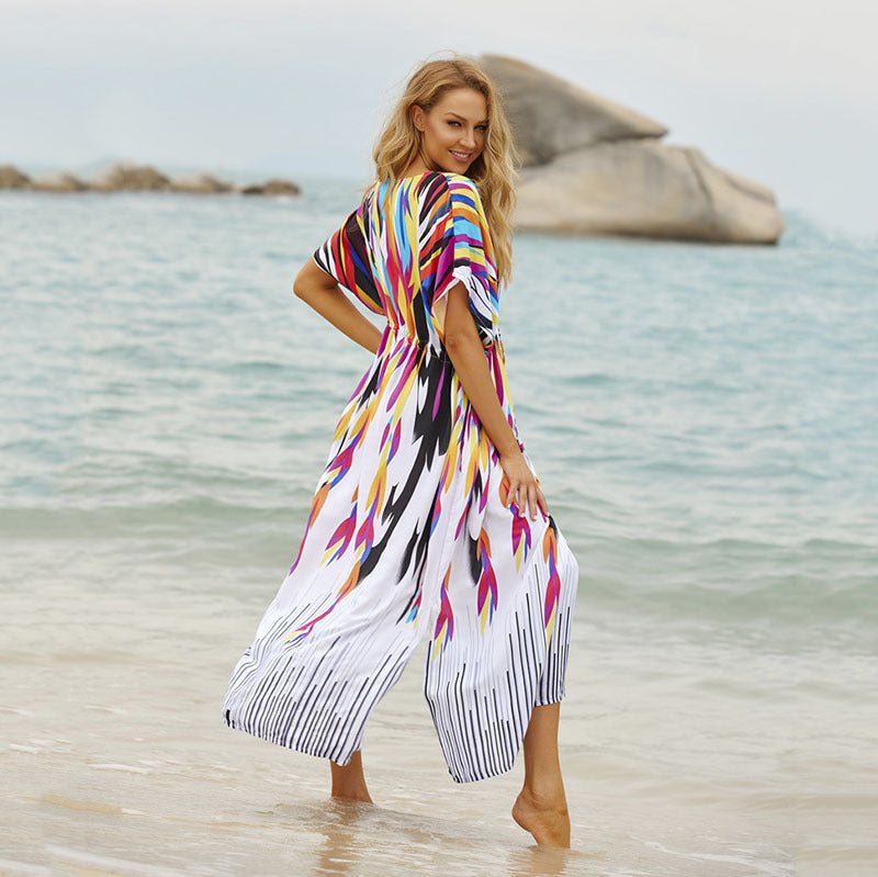 Women’s Maxi Kaftan with trendy watercolor pattern and elegant lacing Ivyshape
