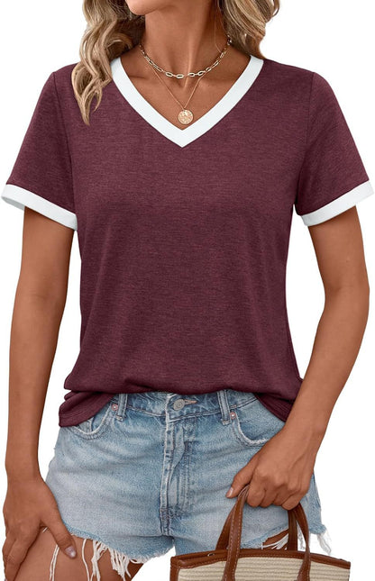 Women Casual V-Neck T-Shirt with Contrast Trim Ivyshape