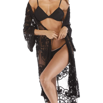 Ladies transparent crochet beach robe with floral patterns and wide sleeves Ivyshape