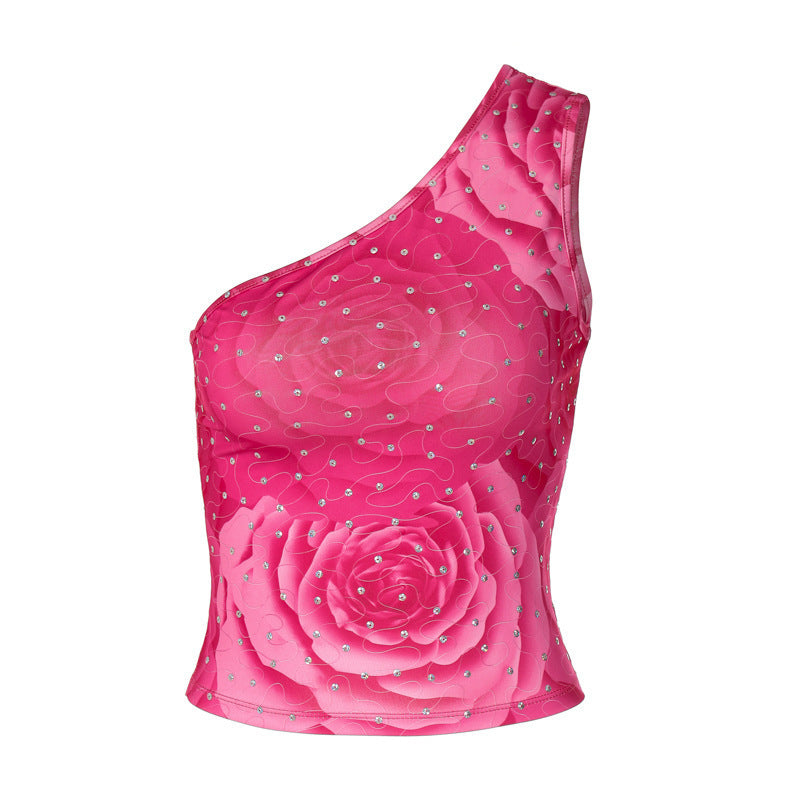Women's One-Shoulder Floral Printed Top with Rhinestone Accents Ivyshape