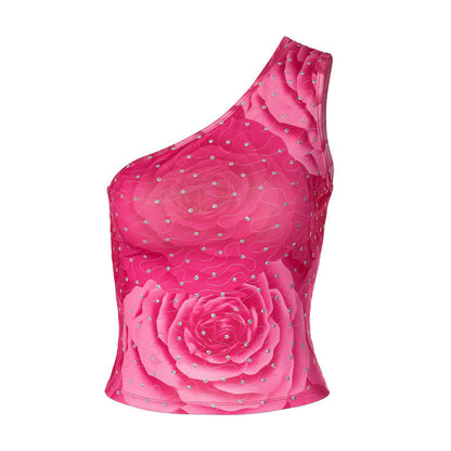 Women's One-Shoulder Floral Printed Top with Rhinestone Accents Ivyshape