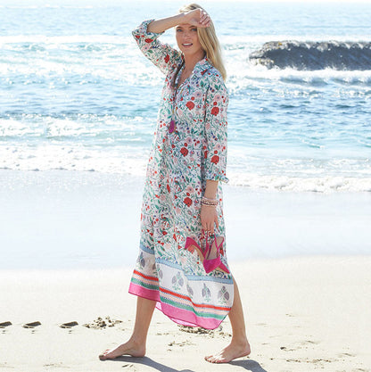 Women's beach tunic with floral pattern mix and long sleeves Ivyshape