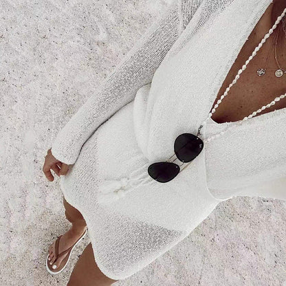 Ladies elegant beach dress with deep V-neck and long sleeves Ivyshape