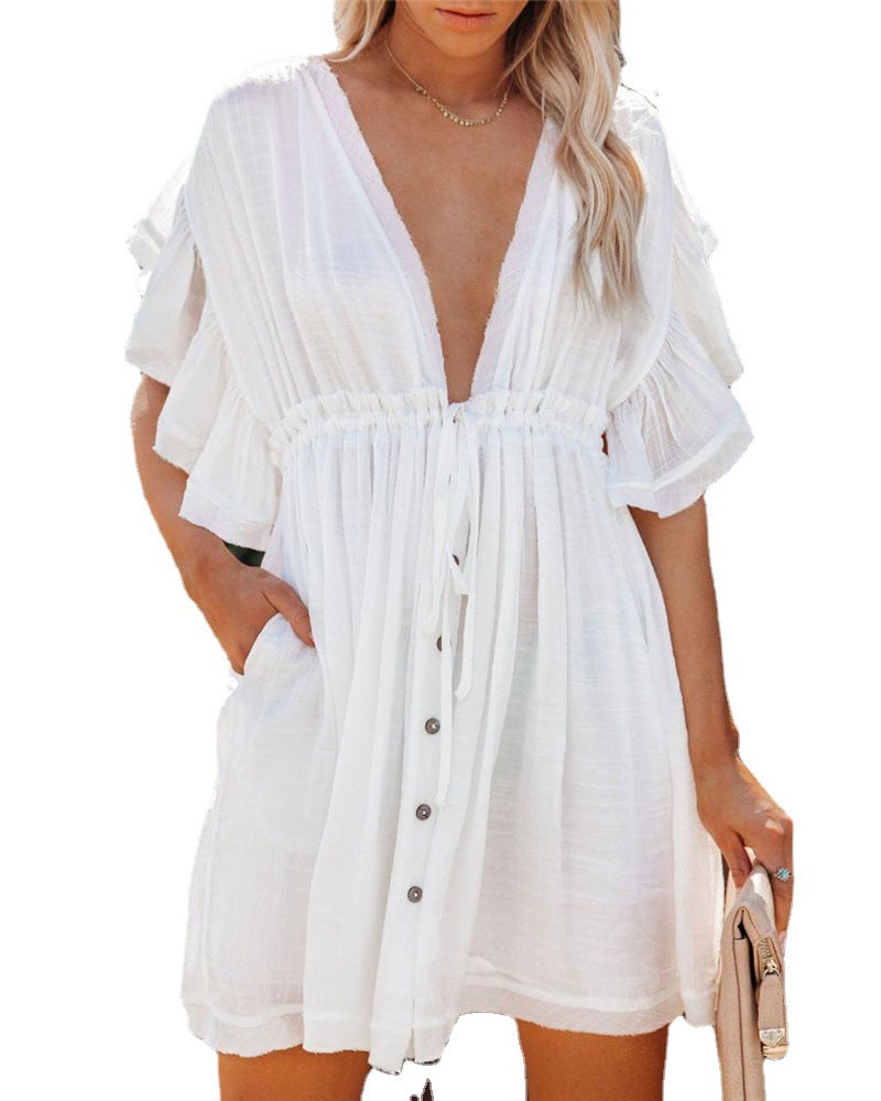 Women's Short Sleeve Beach Dress with Deep V-Neck and Button Details Ivyshape