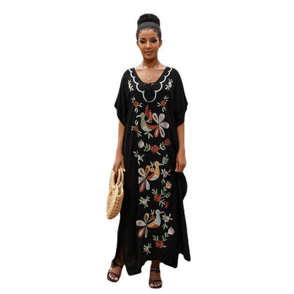 Ladies Maxi Kaftan with floral embroidery pattern and airy sleeves Ivyshape