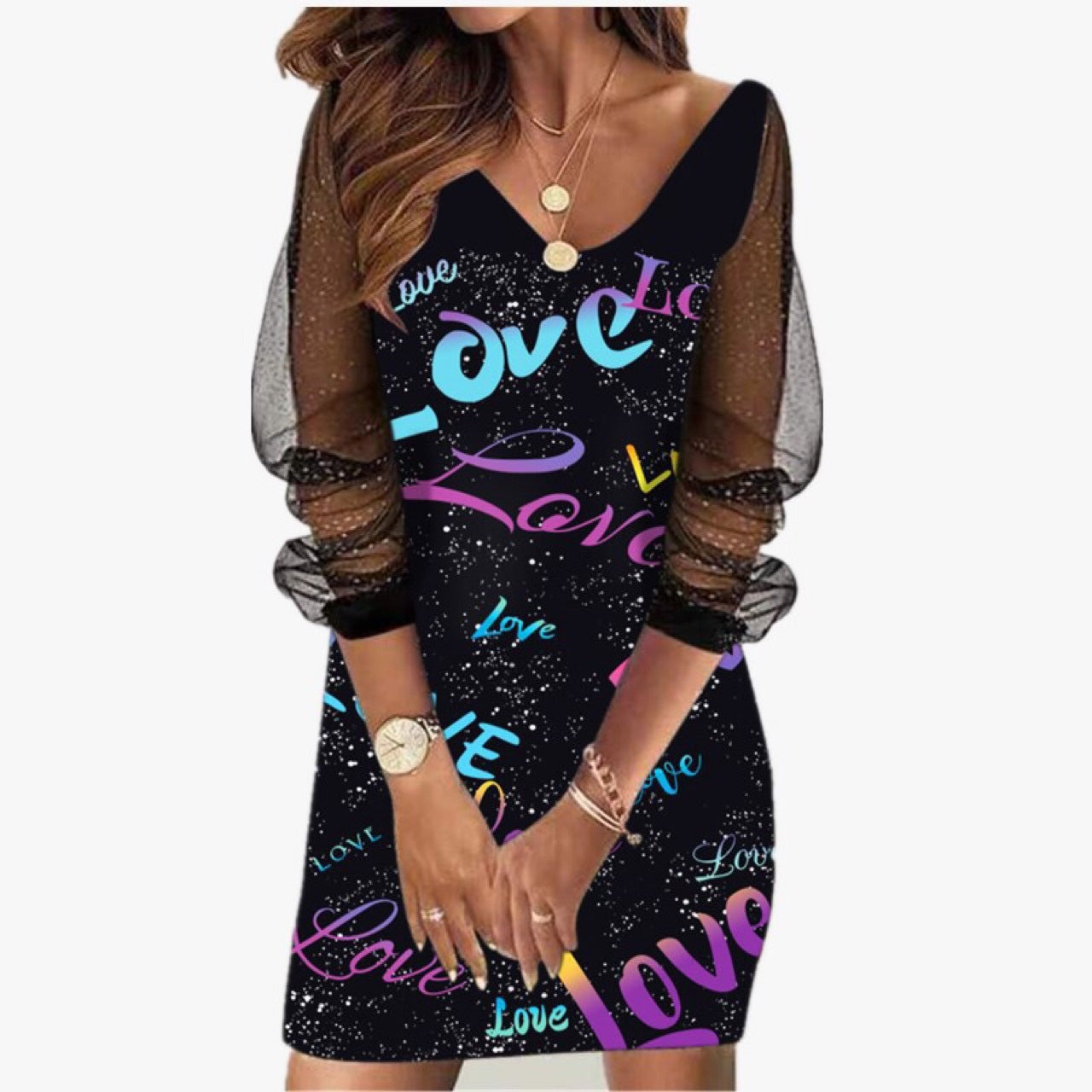 Ladies Elegant Butterfly Print Mini Dress with Sheer Sleeves Ivyshape