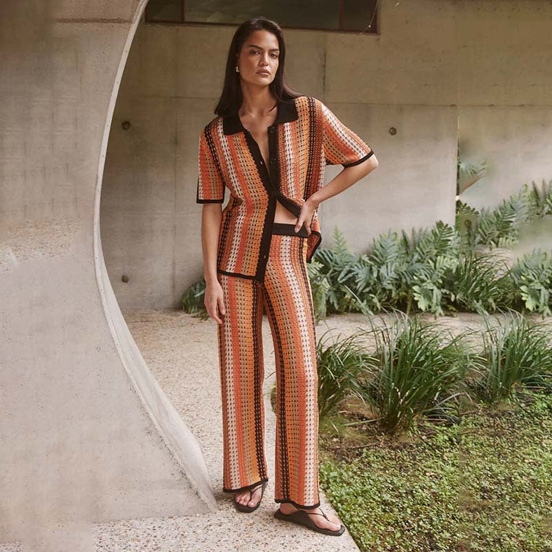 Women Two-Piece Set with Geometric Pattern and Short Sleeve Jacket Ivyshape