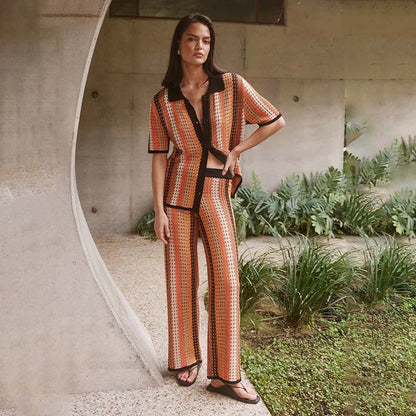 Women Two-Piece Set with Geometric Pattern and Short Sleeve Jacket Ivyshape