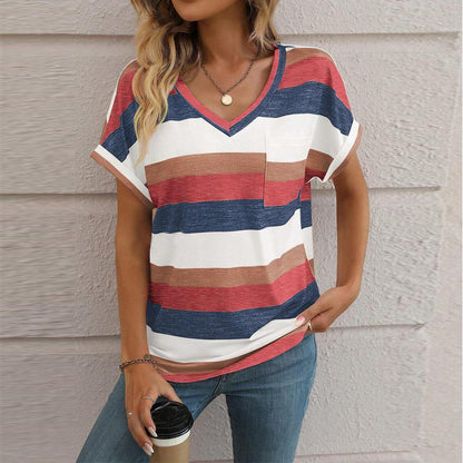 Ladies V-neck short sleeve shirt with striped pattern Ivyshape
