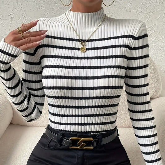 Women's Long Sleeve Ribbed Top with Striped Design Ivyshape