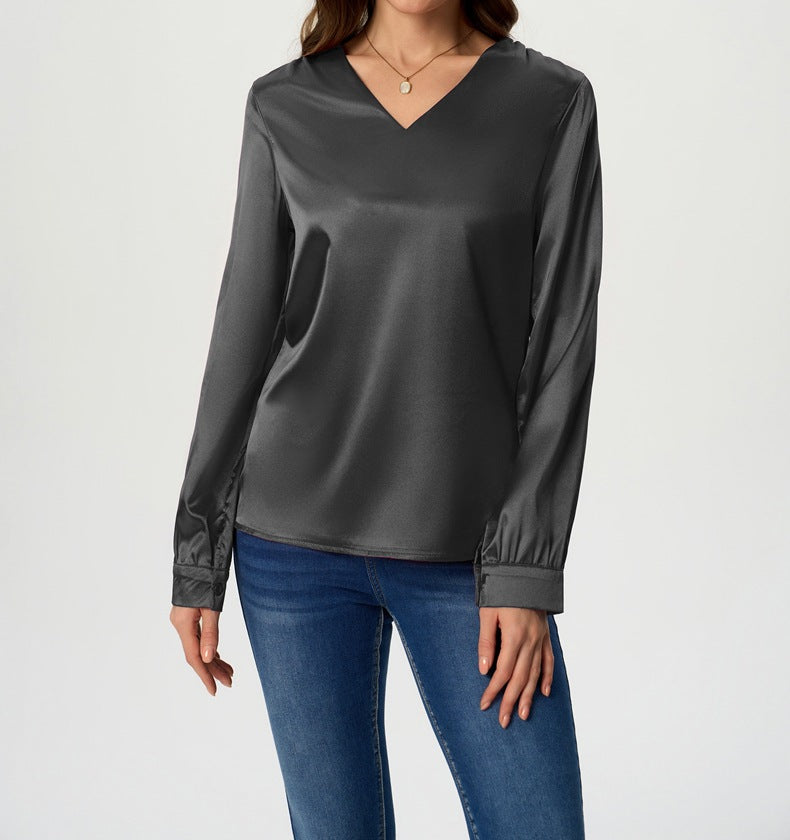 Ladies elegant V-neck satin top with long sleeves Ivyshape