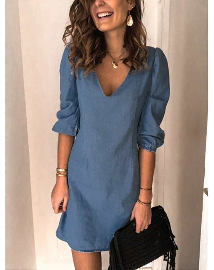 Ladies elegant V-neck short dress with puff sleeves Ivyshape