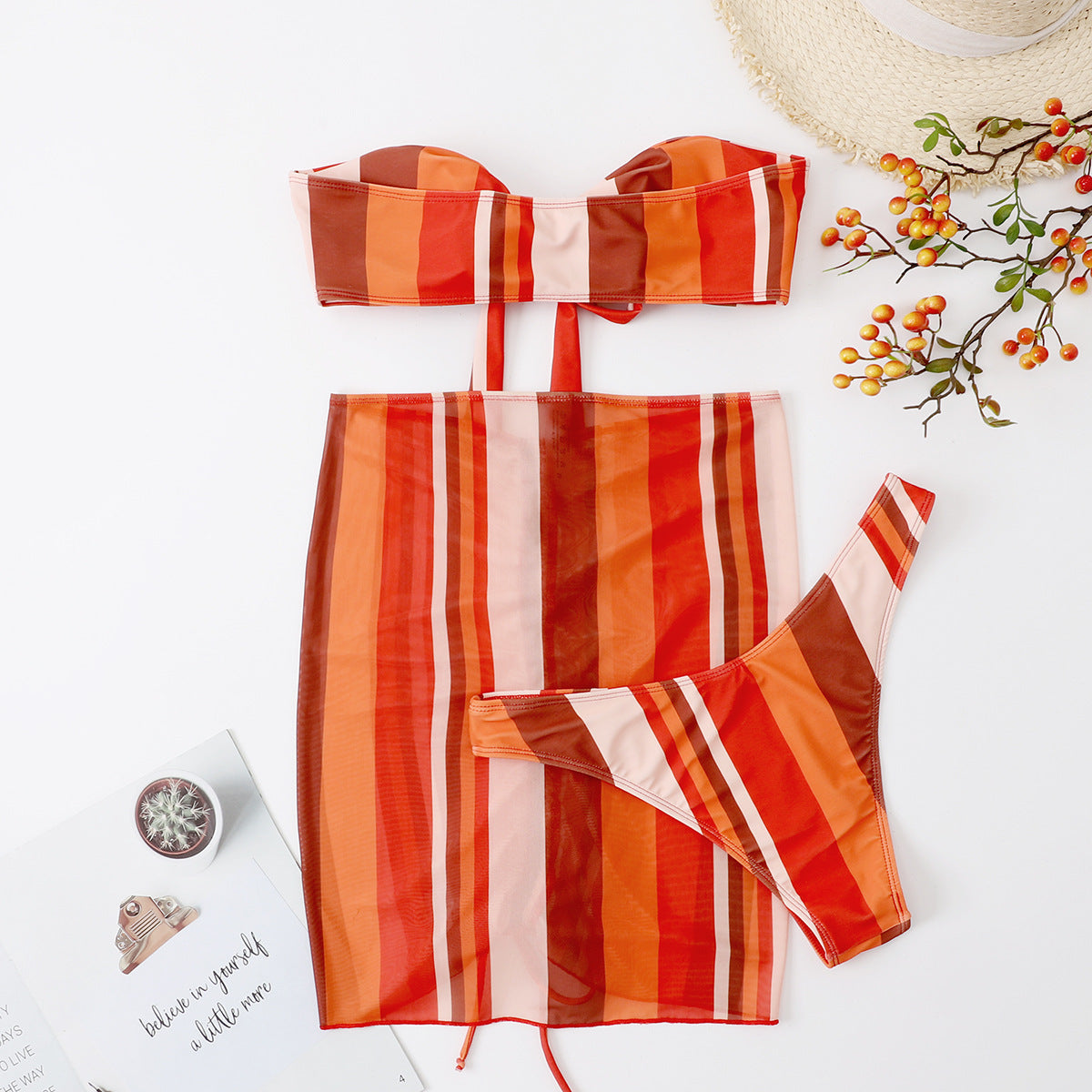 Women's bikini set with striped design and breezy wrap skirt Ivyshape
