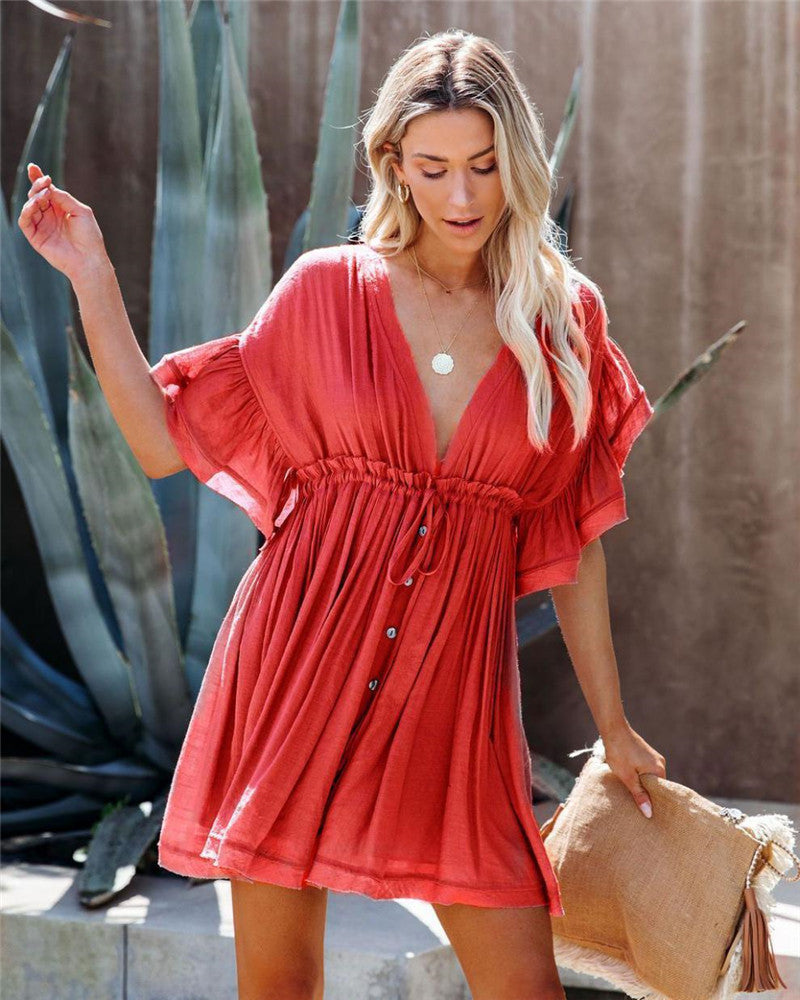 Women's Short Sleeve Beach Dress with Deep V-Neck and Button Details Ivyshape