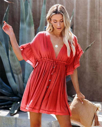 Women's Short Sleeve Beach Dress with Deep V-Neck and Button Details Ivyshape