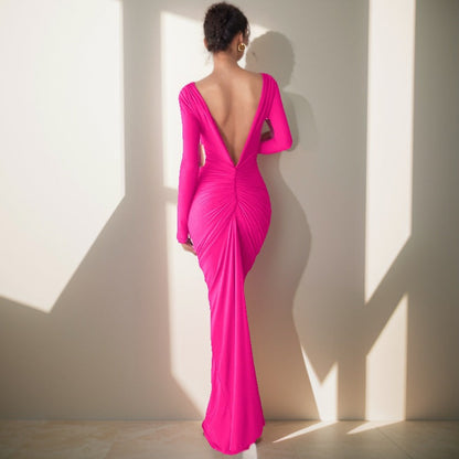 Women Deep V-Neck Ruching Evening Dress Ivyshape