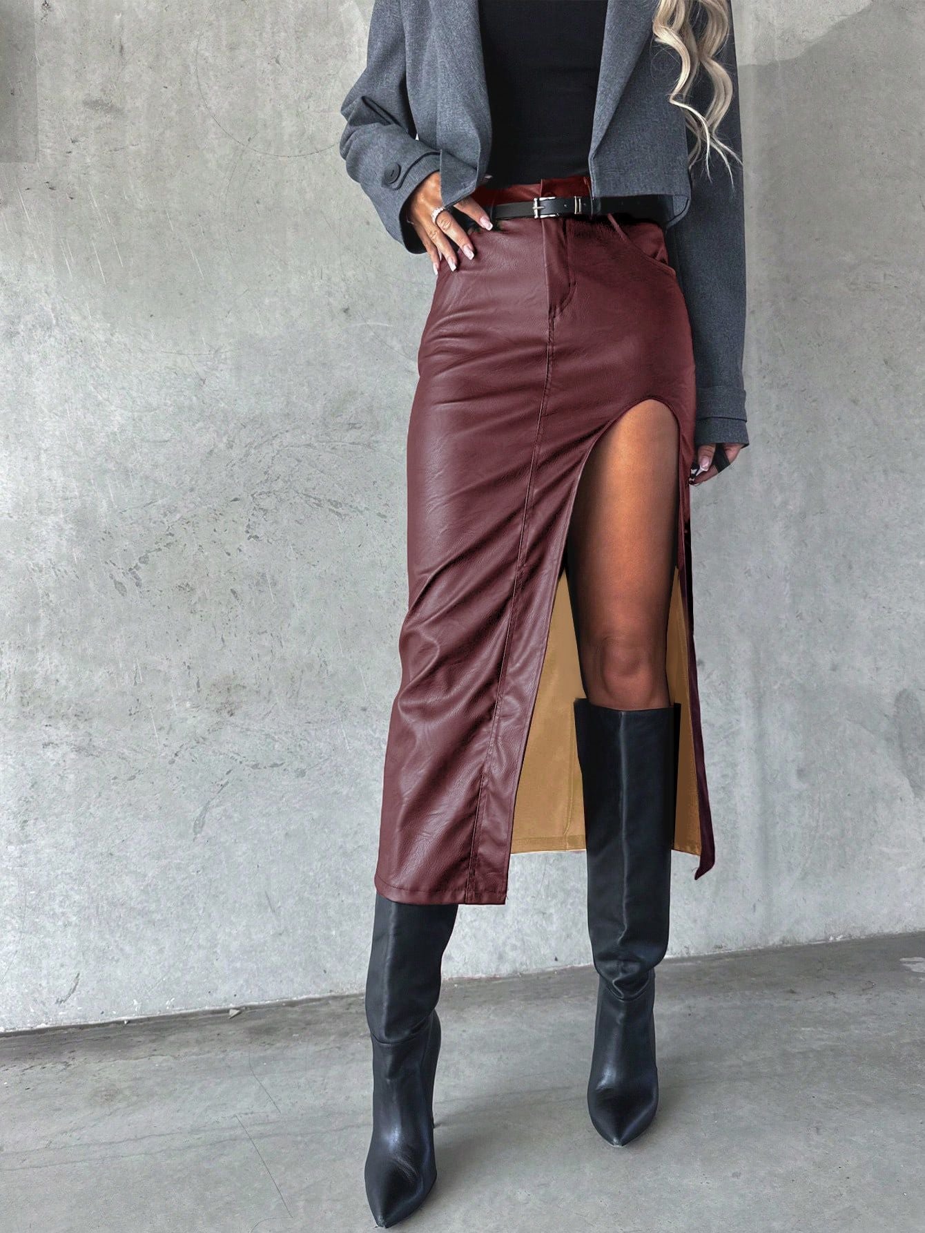 Ladies High-Slit Leather Midi Skirt Ivyshape