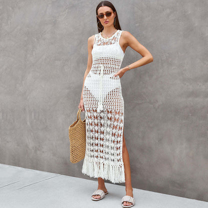 Women's Crochet Beach Cover-Up with Elegant Fringes and Sexy Cut Ivyshape