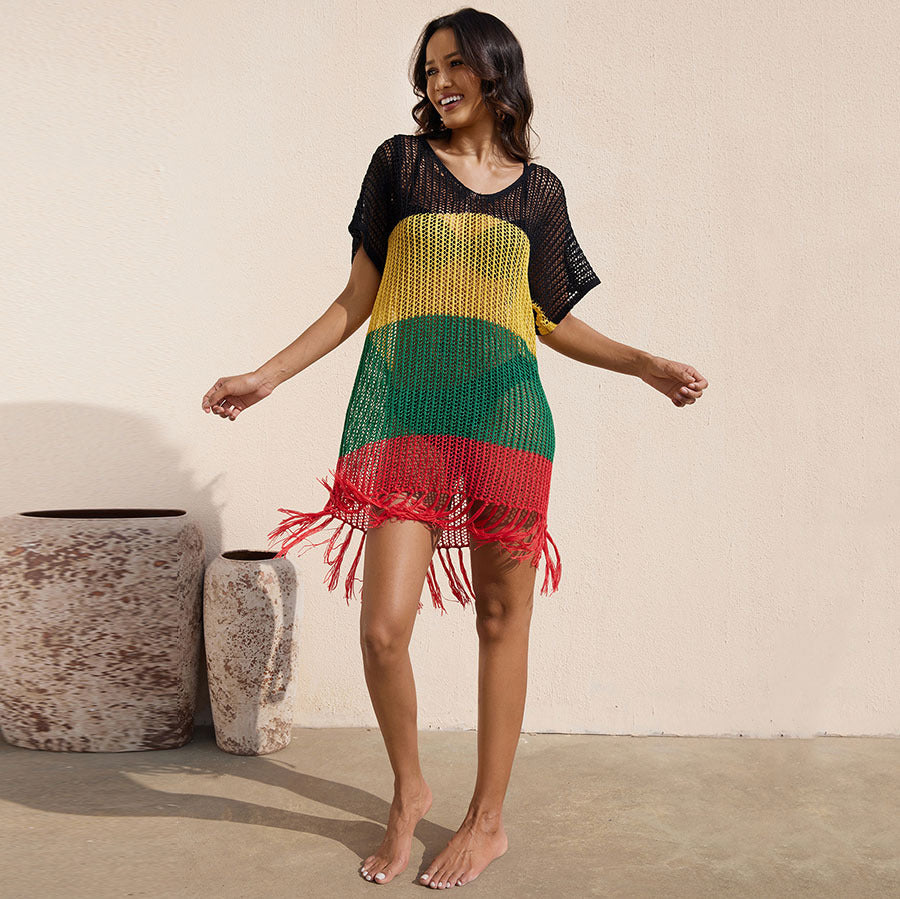 Ladies airy crochet beach cover-up with creative fringes Ivyshape