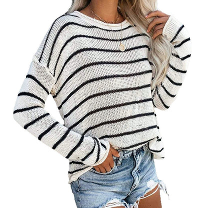 Women's casual knitted sweater with a loose fit and stripe pattern Ivyshape