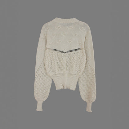 Women's knit pullover with detail-loving hole pattern and puff sleeves Ivyshape