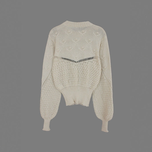 Women's knit pullover with detail-loving hole pattern and puff sleeves Ivyshape