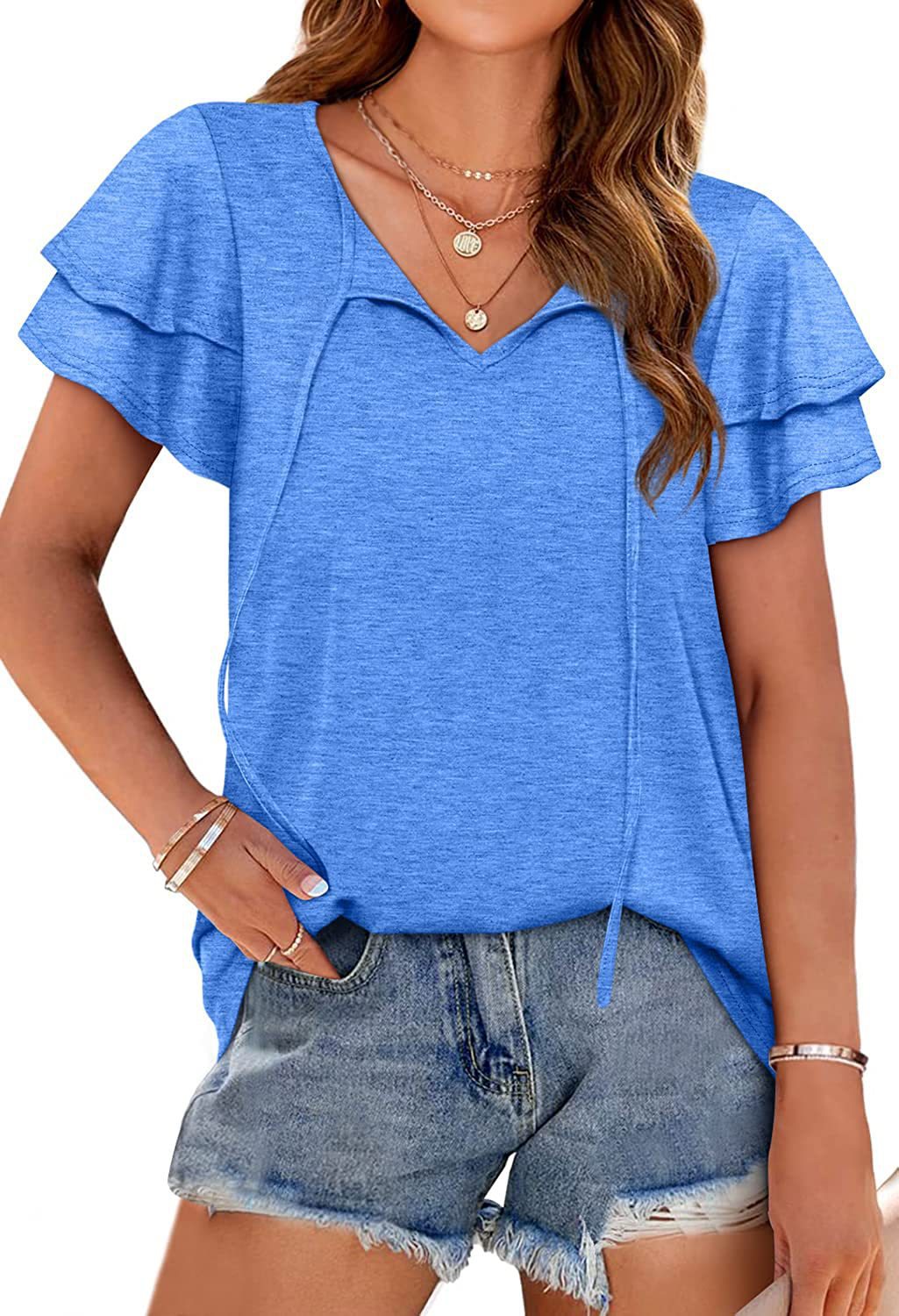 Ladies Casual T-Shirt with Ruffle Cut Ivyshape
