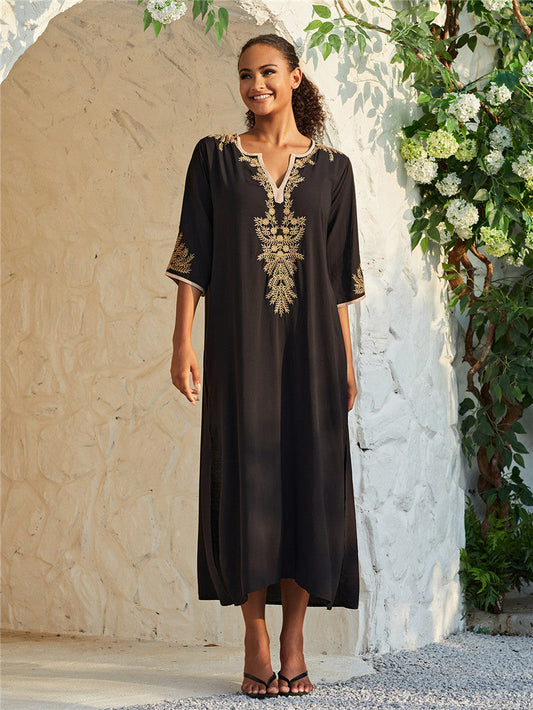 Women's Maxi Kaftan with Elegant Gold Embroidery Ivyshape