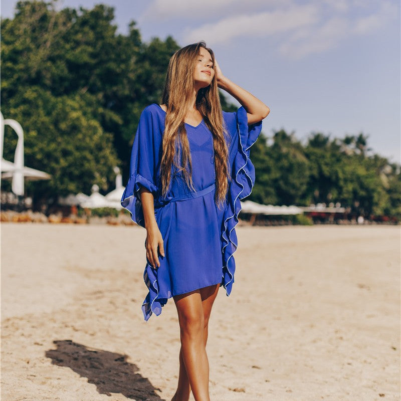Women flowing beach kimono with asymmetrical ruffles Ivyshape