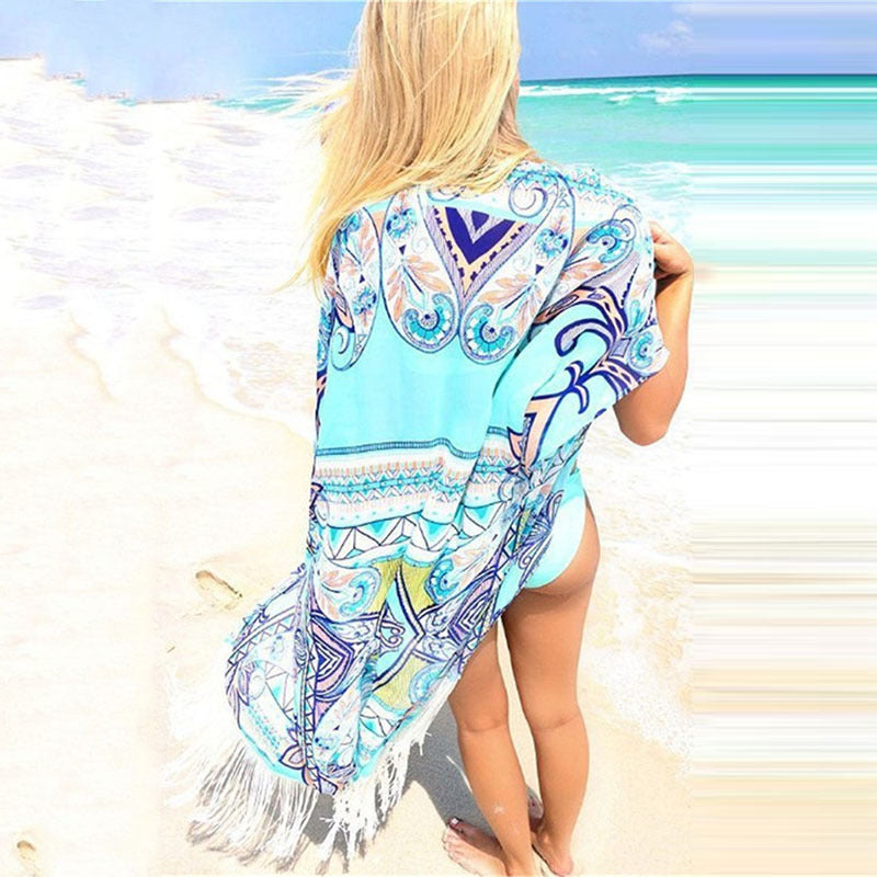 Ladies luxurious beach towel with fringed finish and artistic pattern Ivyshape