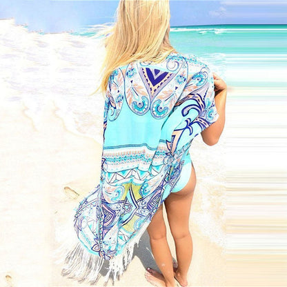 Ladies luxurious beach towel with fringed finish and artistic pattern Ivyshape