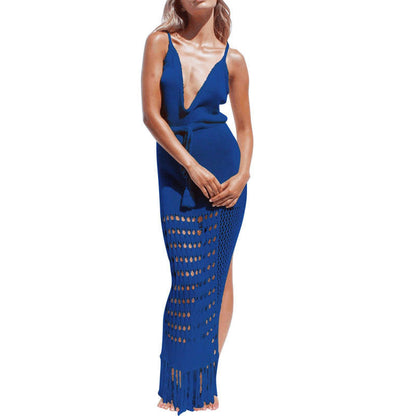 Women’s crochet beach dress with deep V-neckline and fringed hem Ivyshape