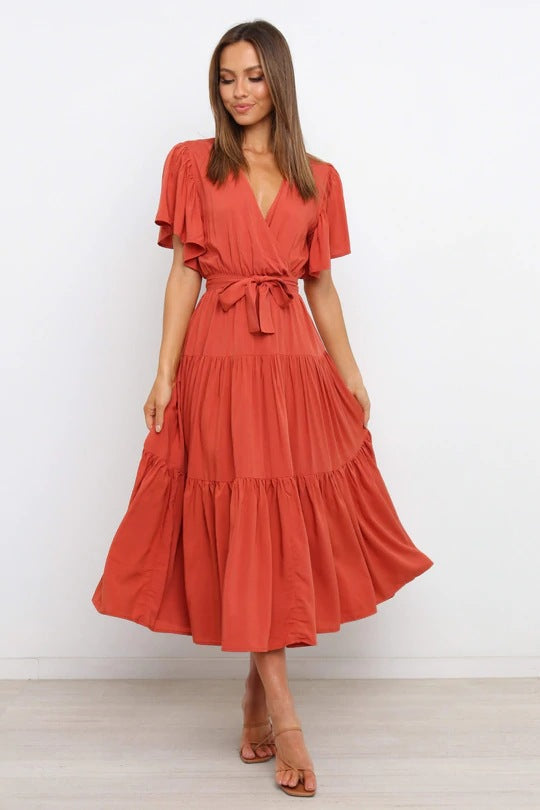 Women's Wrap Maxi Dress with Voluminous Sleeves and Ruffle Details Ivyshape