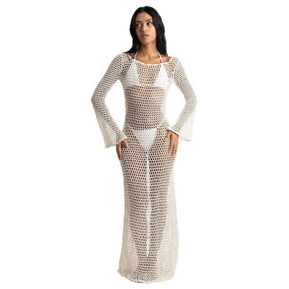 Women's Net Maxi Dress with Wide Flared Sleeves and Fitted Cut Ivyshape