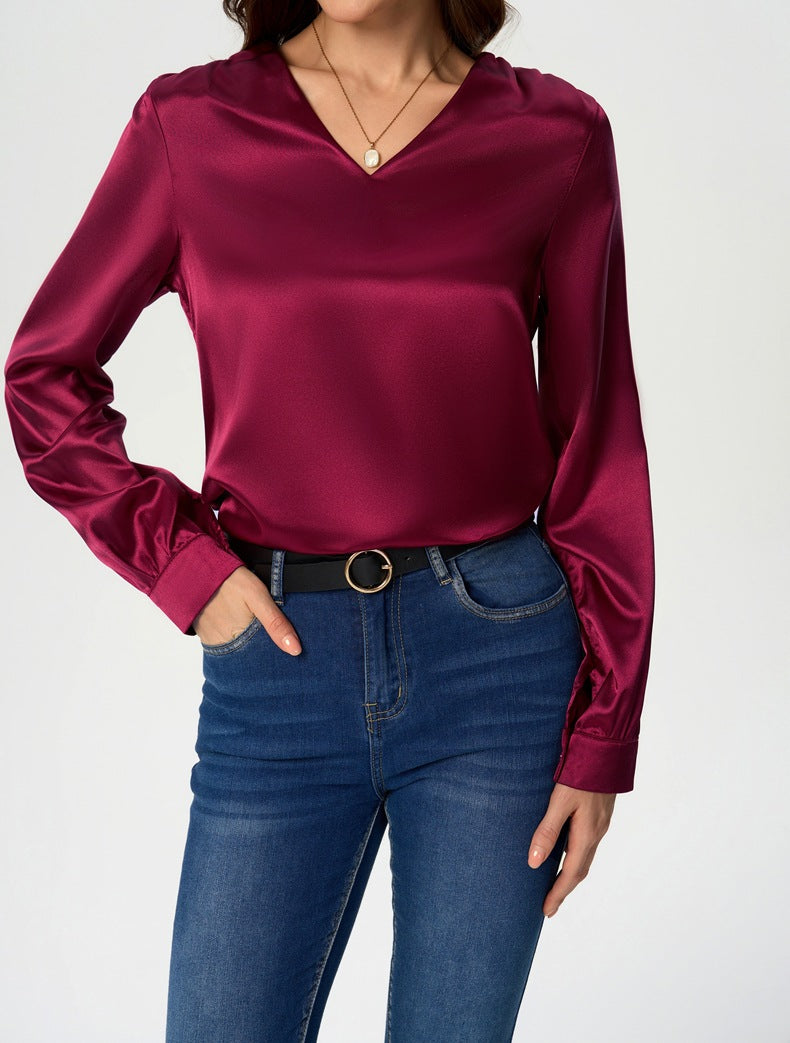 Ladies elegant V-neck satin top with long sleeves Ivyshape