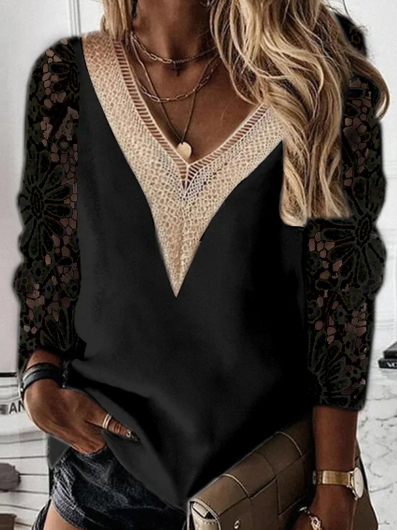 Ladies airy crochet shirt with V-neck and lace inserts Ivyshape