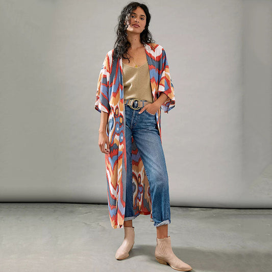 Women's Kimono-Style Beach Wrap with Artistic Pattern Ivyshape