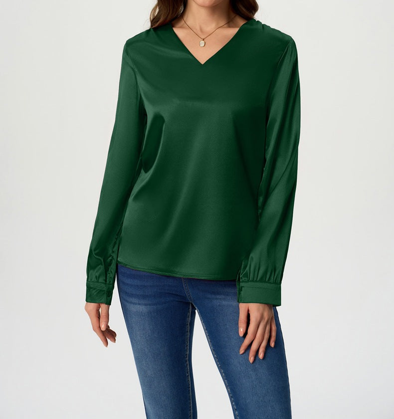 Ladies elegant V-neck satin top with long sleeves Ivyshape