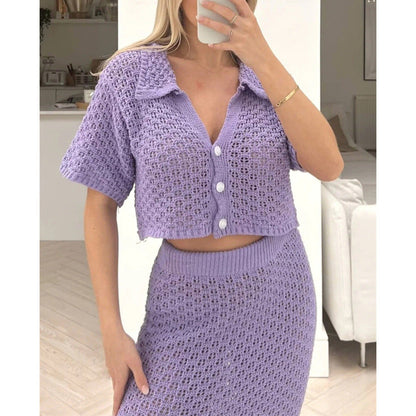 Women's crocheted beach look with crop top and maxi skirt Ivyshape