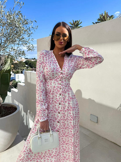 Ladies Midi dress with button details and voluminous sleeves Ivyshape