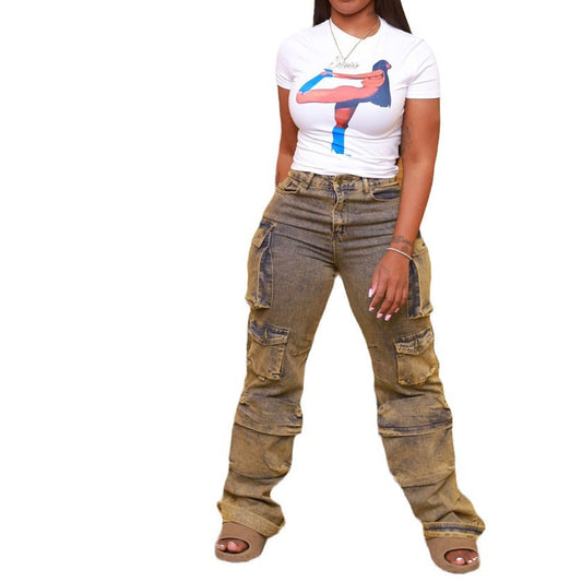 Ladies Cargo Wide-Leg Jeans Ivyshape