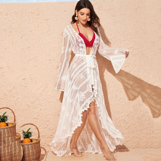 Women's Transparent Beach Kimono with Elegant Lace and Wide Sleeves Ivyshape