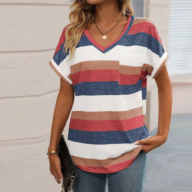 Ladies V-neck short sleeve shirt with striped pattern Ivyshape