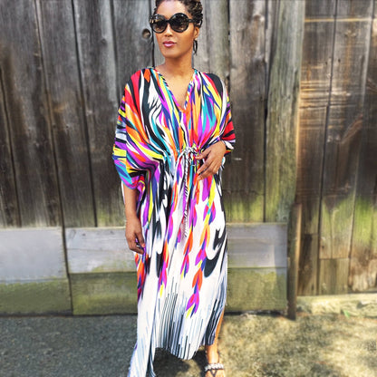 Women’s Maxi Kaftan with trendy watercolor pattern and elegant lacing Ivyshape